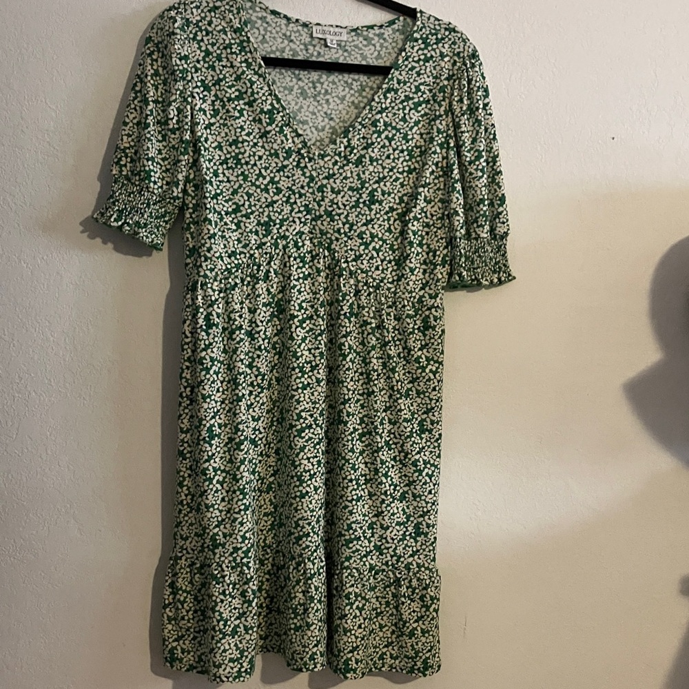 Luxology White and Green Floral Midi Dress